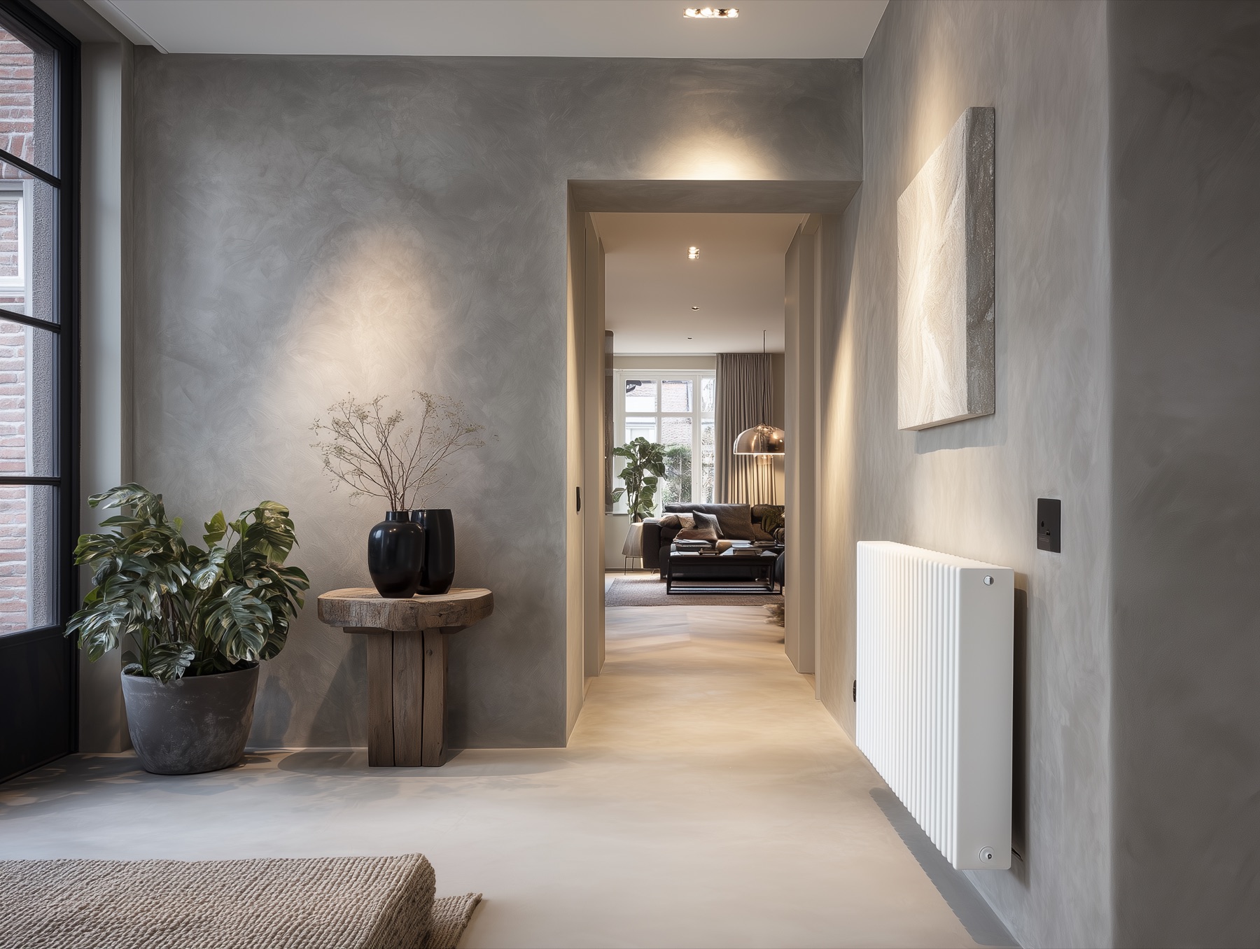 Donkergrijze microcement wand in entree-hal van modern townhouse Amsterdam